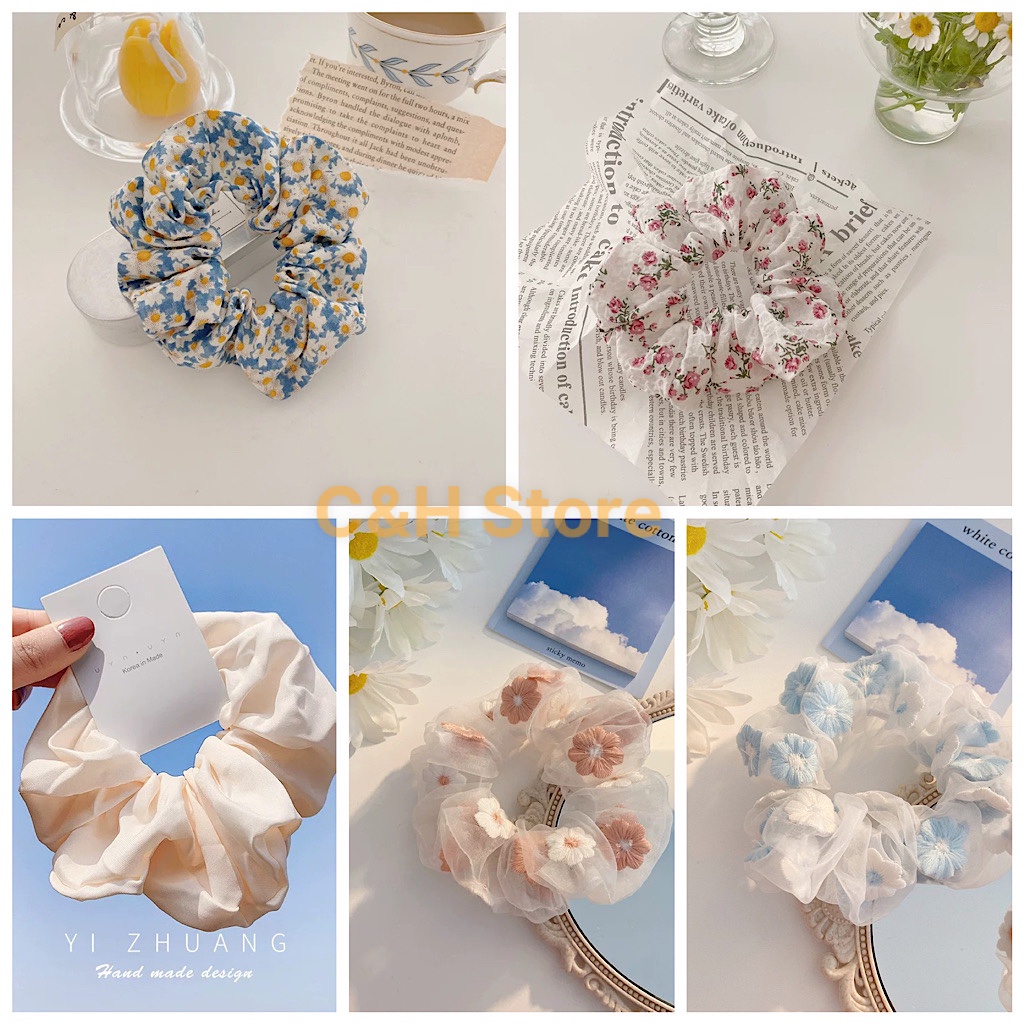 Dây cột tóc Scrunchies vải lưới hoa cúcDây buộc tóc vải lụa hoa cúc dễ thương cá tính phong cách Ulzzang Hàn Quốc CT1