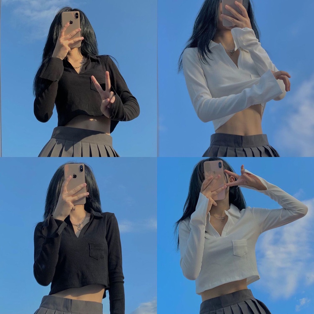 Áo Thun Lửng Tay Dài Có Cổ Phong Cách Hàn Quốc Hợp Thời Trang Cho Nữ