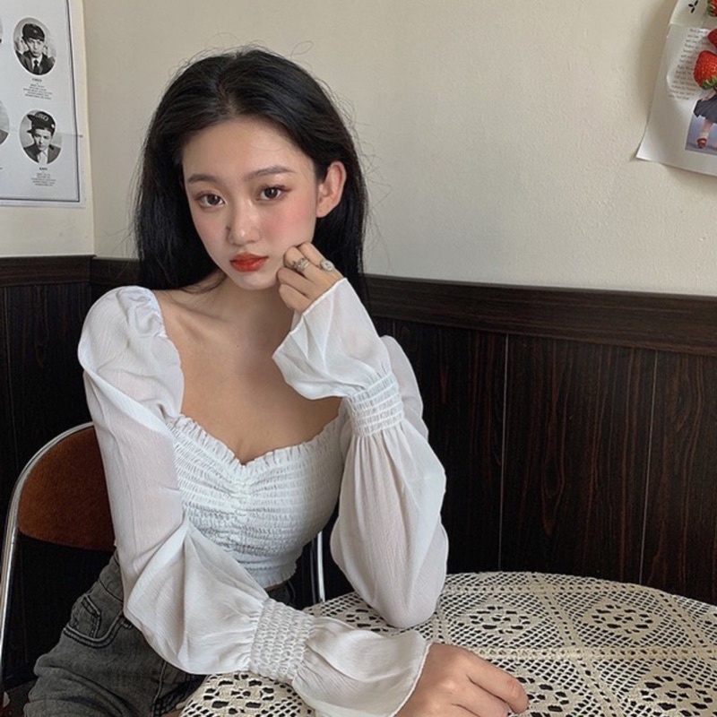 Áo Croptop Tay Dài Rút Giữa Voan  Áo Kiểu Voan Siêu Hot 2021