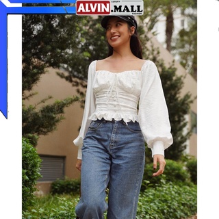 ✨Quảng Châu✨ Áo croptop trắng tay dài đính nơ ngực - chất đũi thoáng mát - thích hợp đi biển, dạo phố ALVIN.MALL