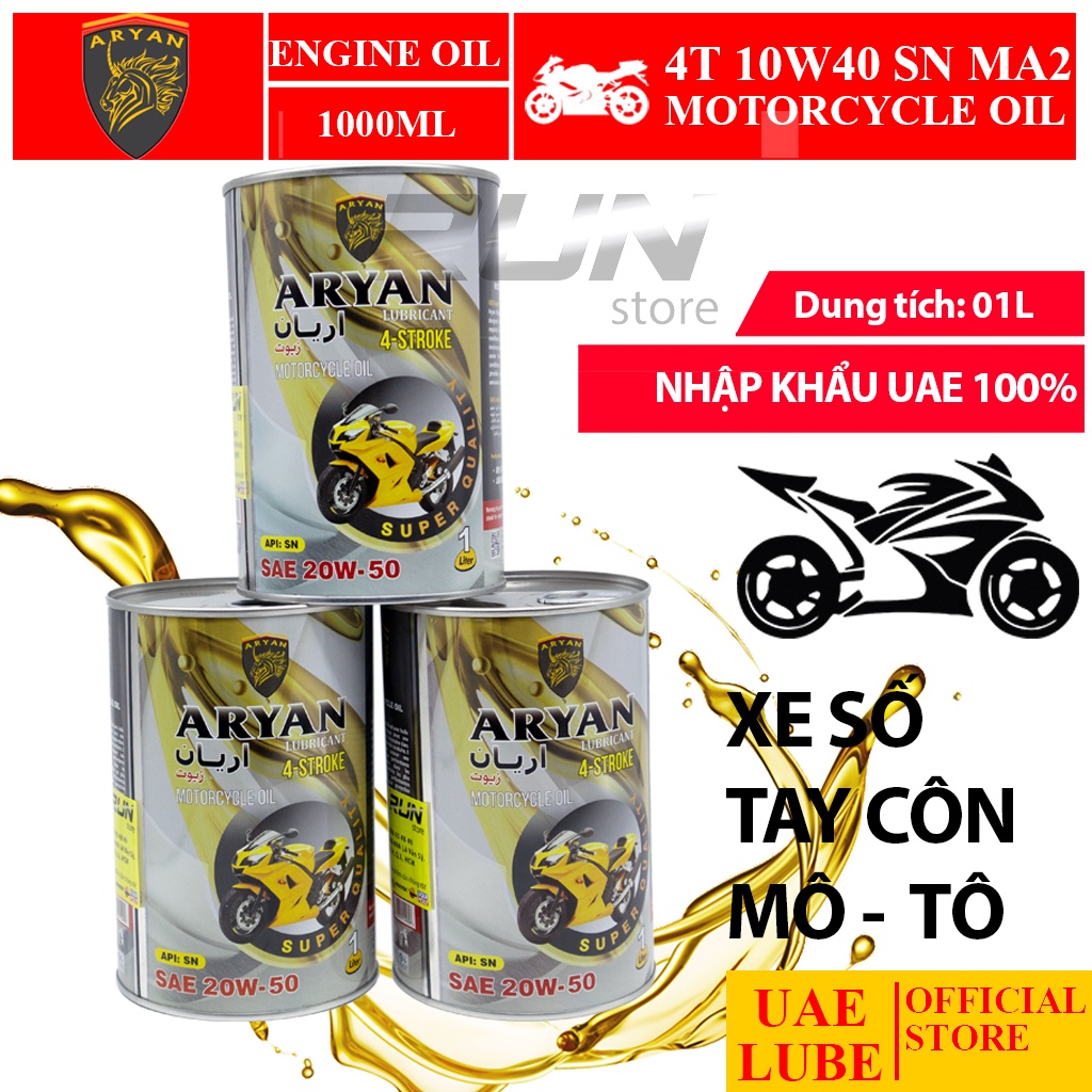 Nhớt Tổng Hợp ARYAN 20w50 1000ml SN JASO MA2 - Dùng Cho Xe Mô Tô, Xe Số - SAE 20W50 JASO MA2 SN