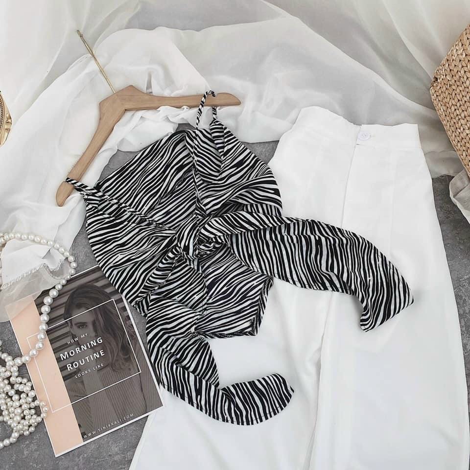 Áo yếm cổ đổ họa tiết ngựa vằn cột nơ lưng may kèm mod ngực cho nữ dưới 55kg chất phi bóng lụa cao cấp-C37