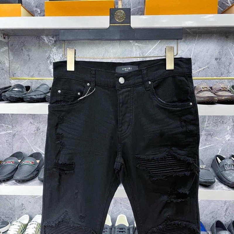 Quần jean đen nam vá nhăn đen khâu viền,Quần bò nam vá nhăn Aimiri rách gối dáng slimfit