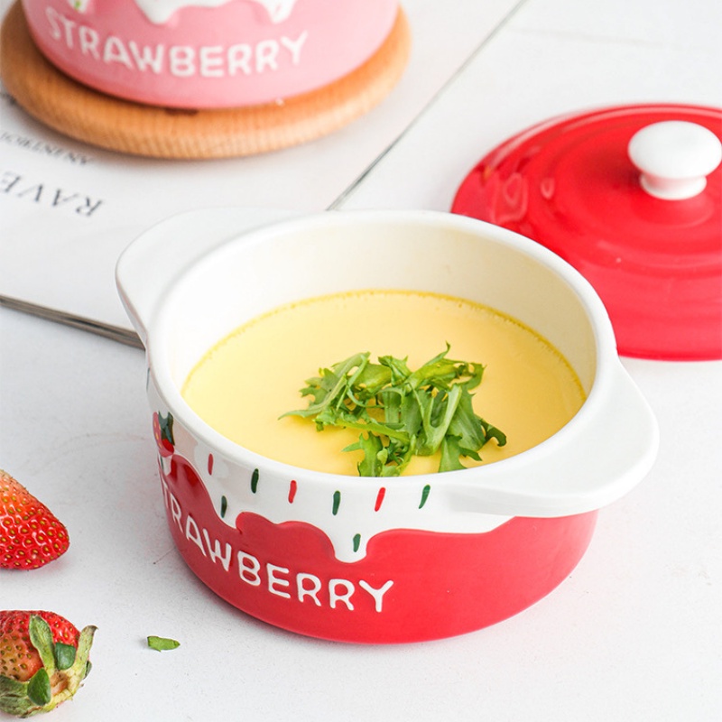 Bát sứ - Bát sứ có nắp - Hũ dâu tây đỏ mọng và hồng viền trắng Strawberry - làm bánh flan, đựng salad