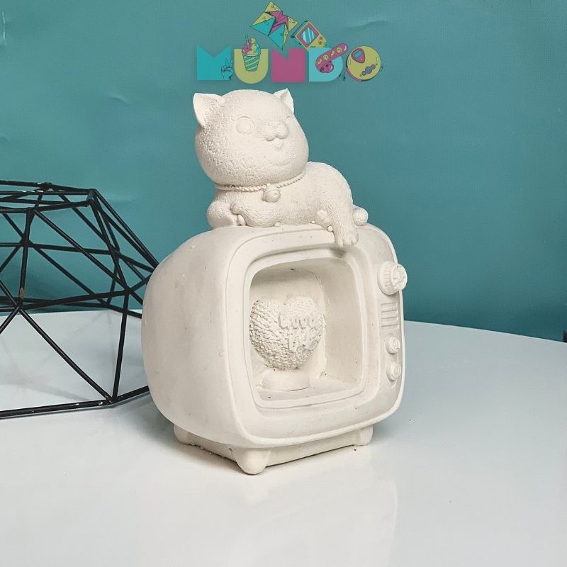 Tượng tô màu cao cấp (có màu cọ) chọn mẫu SIZE X MÈO LƯỜI TRÊN TIVI, tượng thạch cao MUNDO