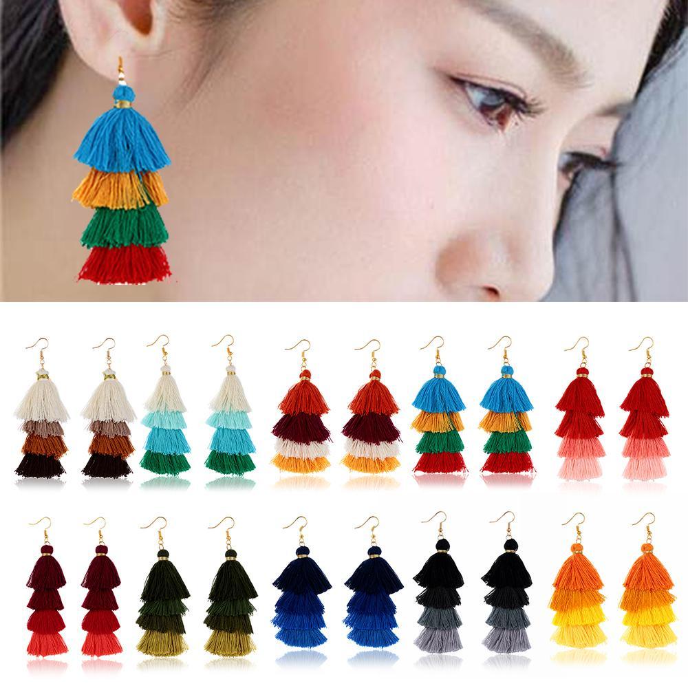1 Đôi Bông Tai Tua Rua Dài Nhiều Lớp Bằng Vải Lụa Thời Trang Dân Tộc Boho