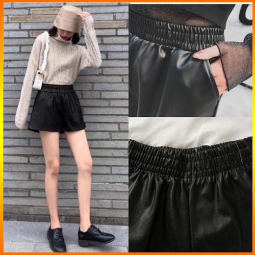 Quần Short Da Nữ Cạp Cao Lưng Chun Co Dán Phong Cách Retro Thời Thượng, Cá Tính Màu Đen