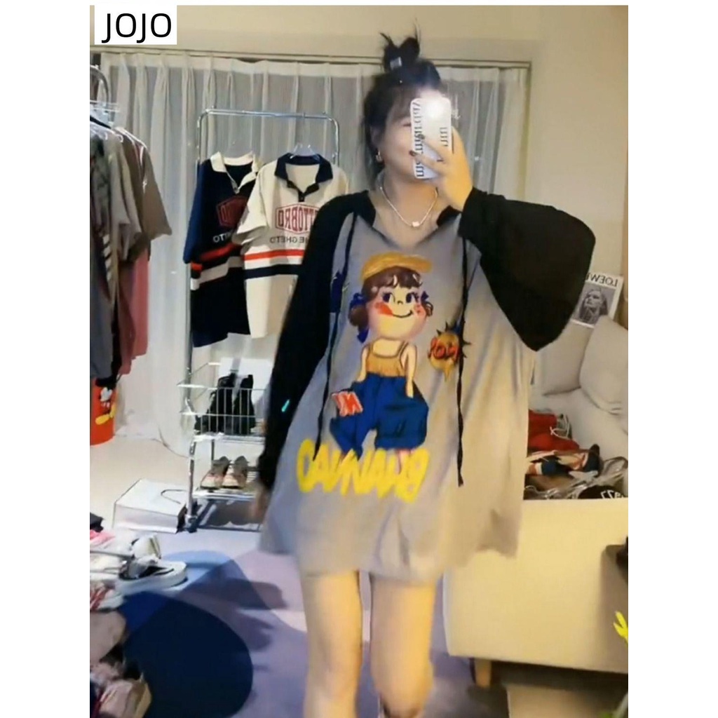 Áo Hoodie Tay Dài Dáng Rộng In Họa Tiết Hoạt Hình Phong Cách Hong Kong