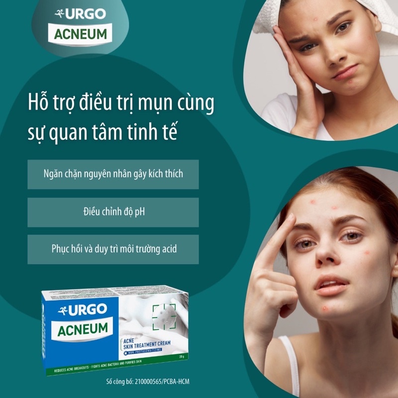 Kem bôi giảm mụn Urgo Acneum - Cấp ẩm, bảo vệ da, làm sạch, ngăn mụn vừa và nhỏ, mụn trứng cá, không bắt nắng