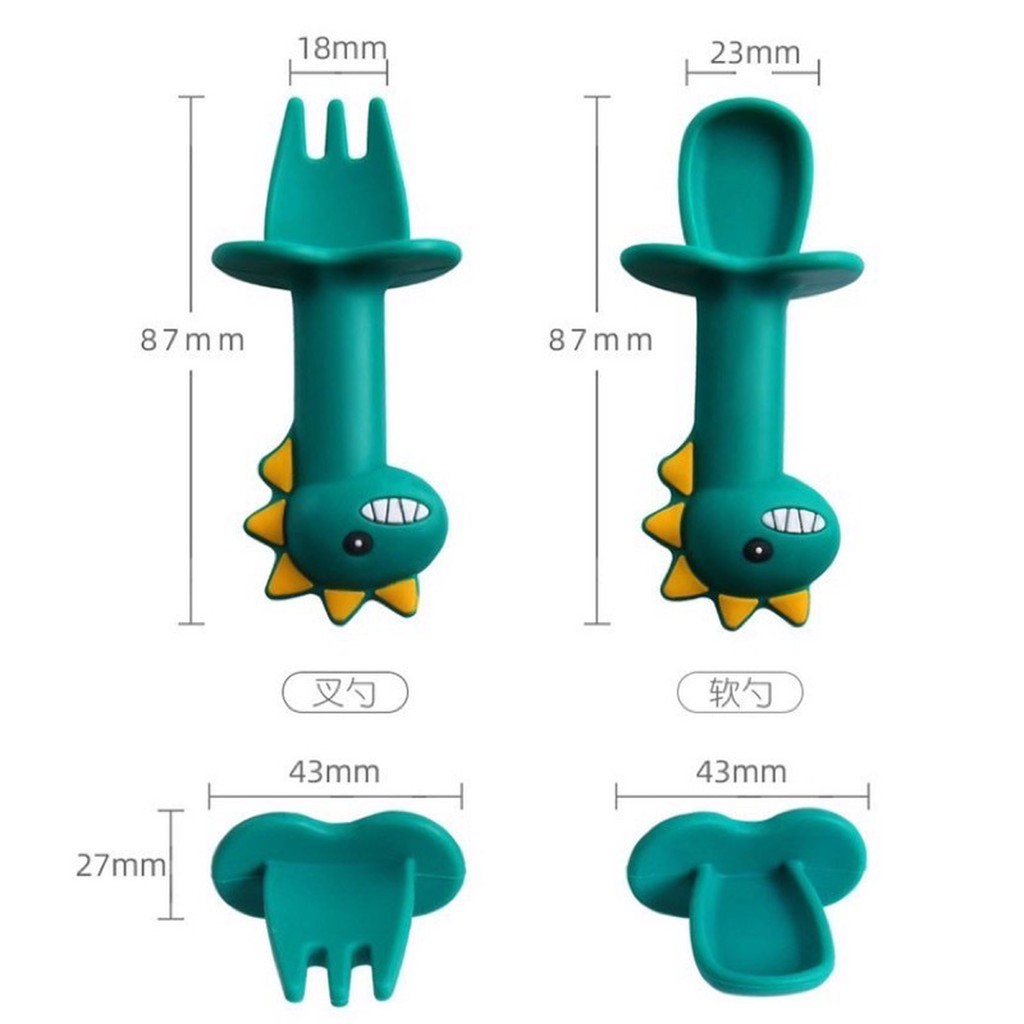 Thìa dĩa tập xúc cán ngắn có nút chặn chất liệu silicon cao cấp, muỗng nĩa tập xúc cho bé hình khủng long dễ thương