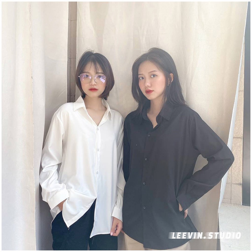 Sơ mi nữ trơn cổ bẻ dài tay đi học form dáng rộng dài Basic màu đen trắng | BigBuy360 - bigbuy360.vn