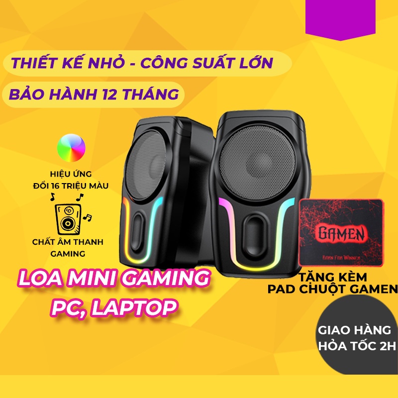 Loa vi tính gaming Acome A12 mini hiệu ứng đèn led đổi màu, dùng cho pc/laptop, thiết kế nhỏ gọn công suất lớn