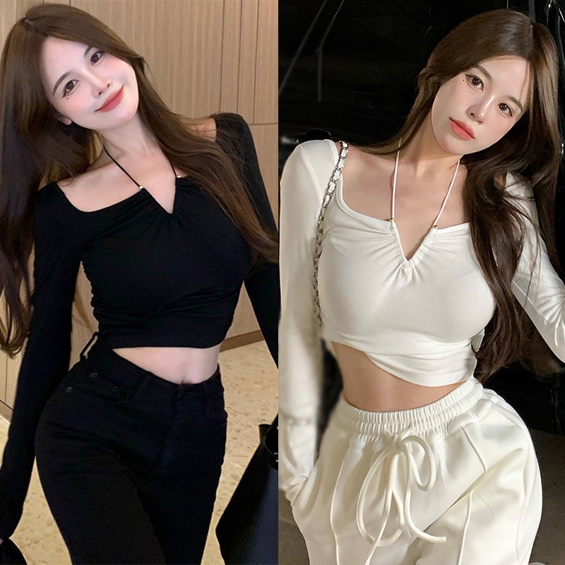 Áo Thun Nữ Dài Tay Cổ Yếm Màu Trơn