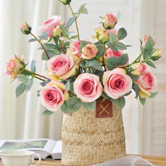 Cành 4 Hoa Hồng Lụa Hàn Quốc Merber  Nhiều Màu Bông 70cm Có Nụ, Lá - Bông Hồng Khô Hoa Giả Decor Trang Trí