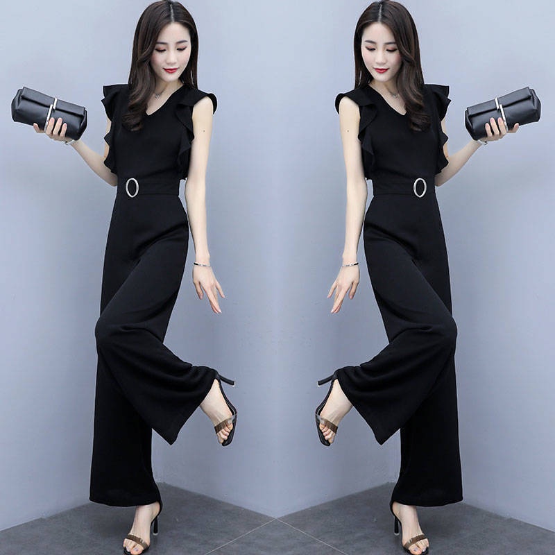 Jumpsuit Không Tay Cổ Chữ v Lưng Cao Ống Rộng Thời Trang Cho Nữ