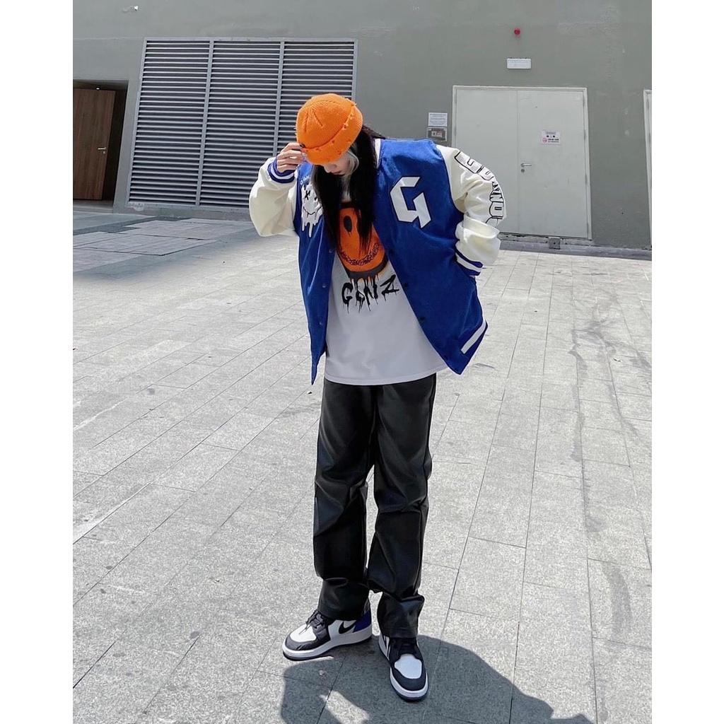 Áo varsity jacket nhung tăm 2 lớp Hình thêu 100%. Áo khoác bomber unisex form rộng nam nữ Gonz Bóng chày cao cấp
