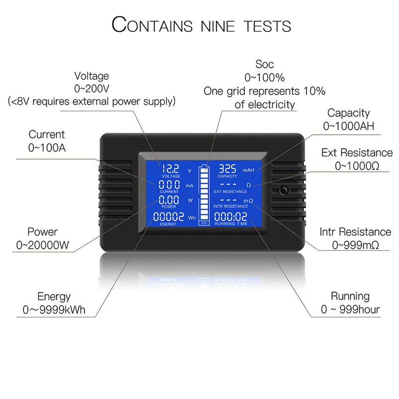 Dc Đồng Hồ Đo Điện Áp Năng Lượng Mặt Trời Đa Năng Màn Hình Lcd Hiển Thị Rộng 12v / 24v / 48v Rv / Xe Hơi