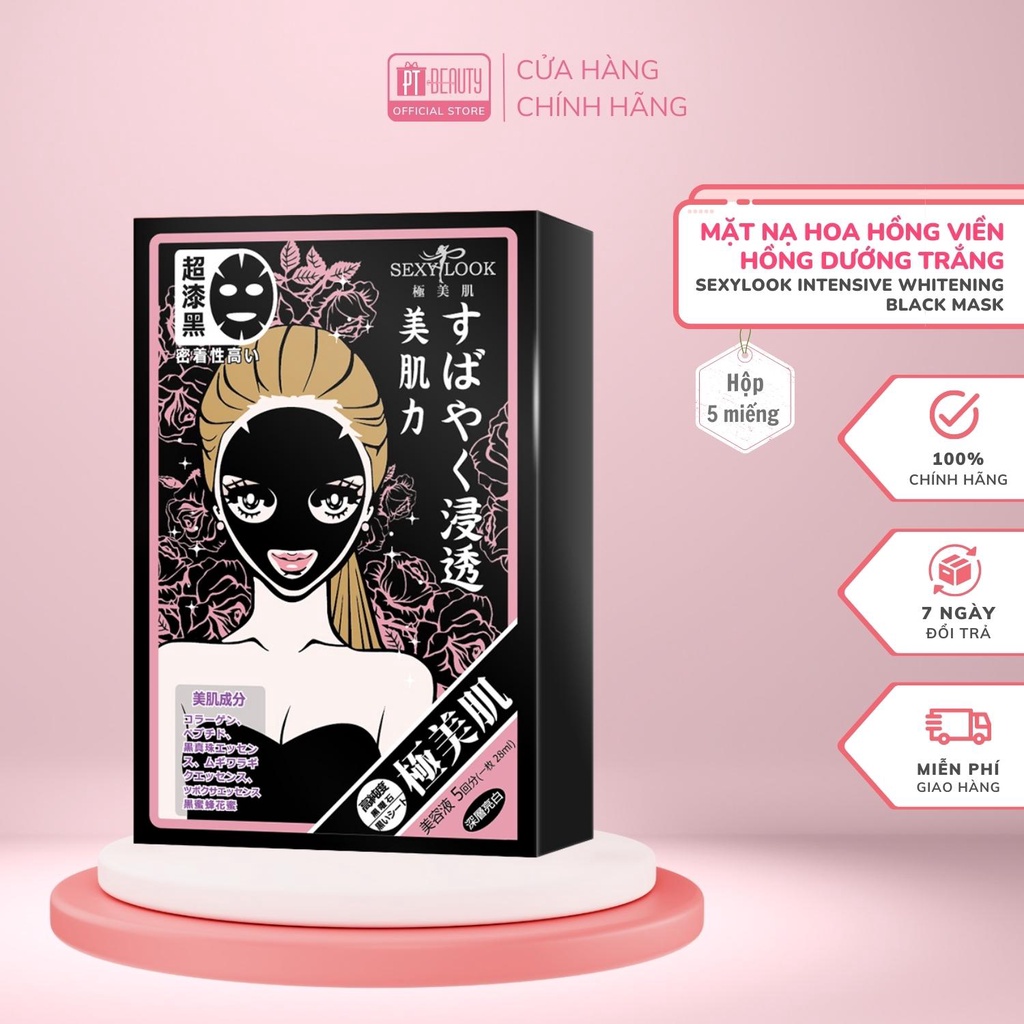 Mặt nạ hoa hồng viền hồng SEXYLOOK Intensive Whitening Black Mask thải độc, dưỡng ẩm hộp 5 miếng x 28ml