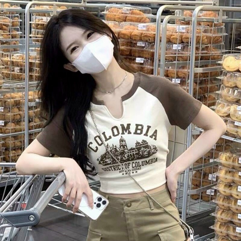 ÁO CROPTOP KIỂU LỬNG NỨ NGẮN TAY CỔ TRÒN KHOÉT IN CHỮ COLOMBIA  MÀU HỒNG TRẮNG KEM TÔN DÁNG ĐỈNH CAO HOT HIT NITIQC