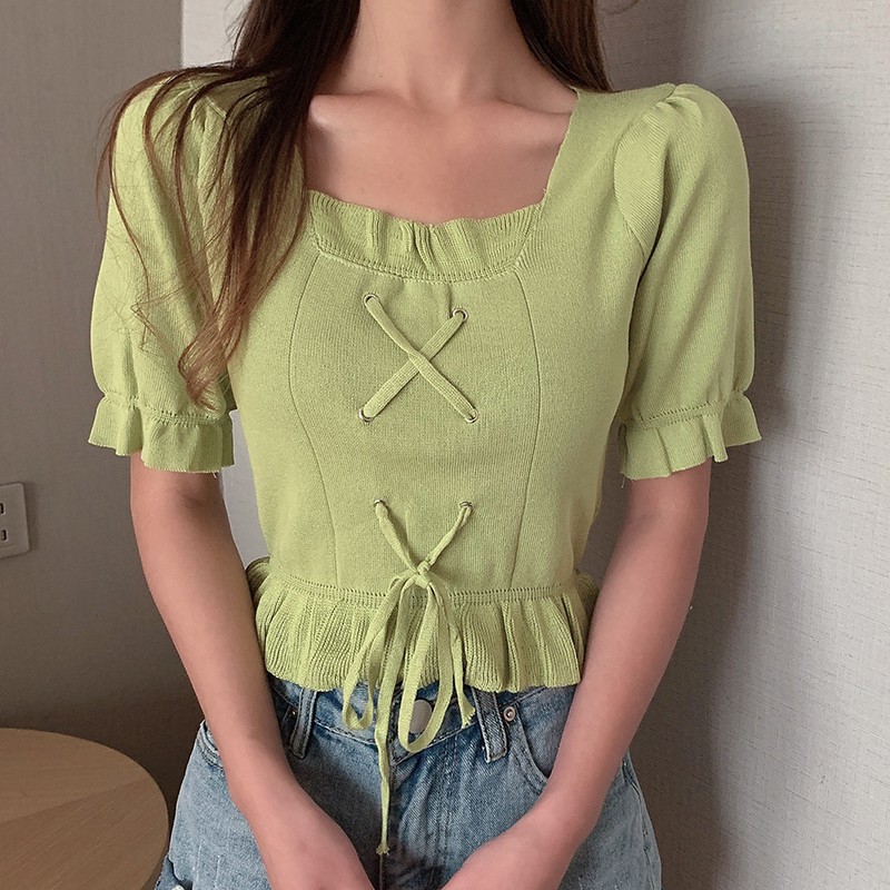 Áo Dệt Kim Tay Ngắn Cổ Chữ U Màu Trơn Đơn Giản Dễ Phối Đồ Cho Nữ