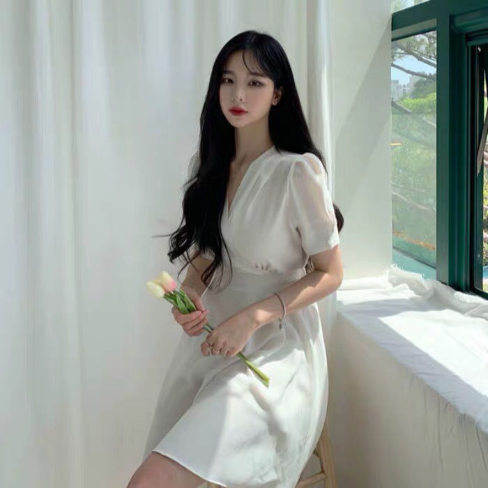 Váy ulzzang Roxie dáng xòe cổ tim ngắn tay chiffon Hàn Quốc