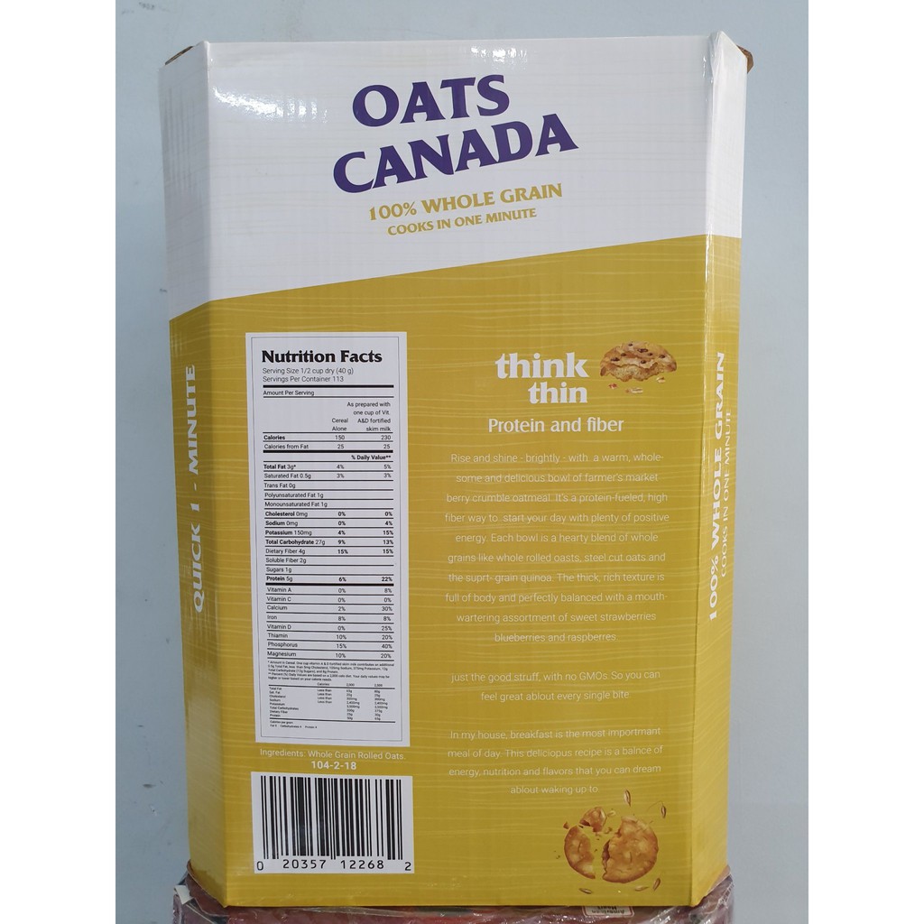 Yến Mạch Tươi Canada Oats 100% Chính Hãng ( Cán Vở ) Thùng 4,54 Kg