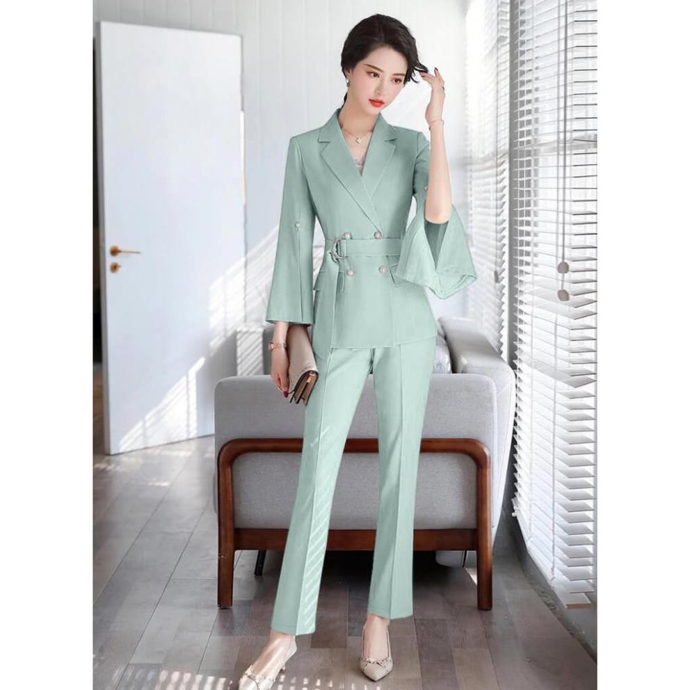 Bộ Vest Tay Xẻ Thắt Eo Cao Cấp - Set Vest Kaki Lụa Công Sở Sang Trọng Cho Nàng Doanh Nhân | BigBuy360 - bigbuy360.vn