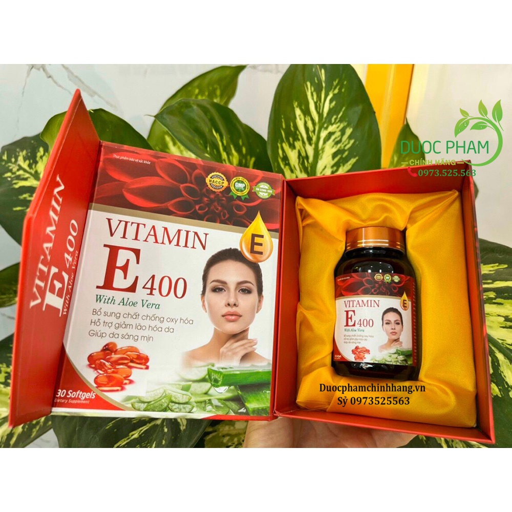 Vitamin E đỏ 400IU lô hội hàm lượng 400 lọ thủy tinh cao cấp With Aloe hộp 30 viên