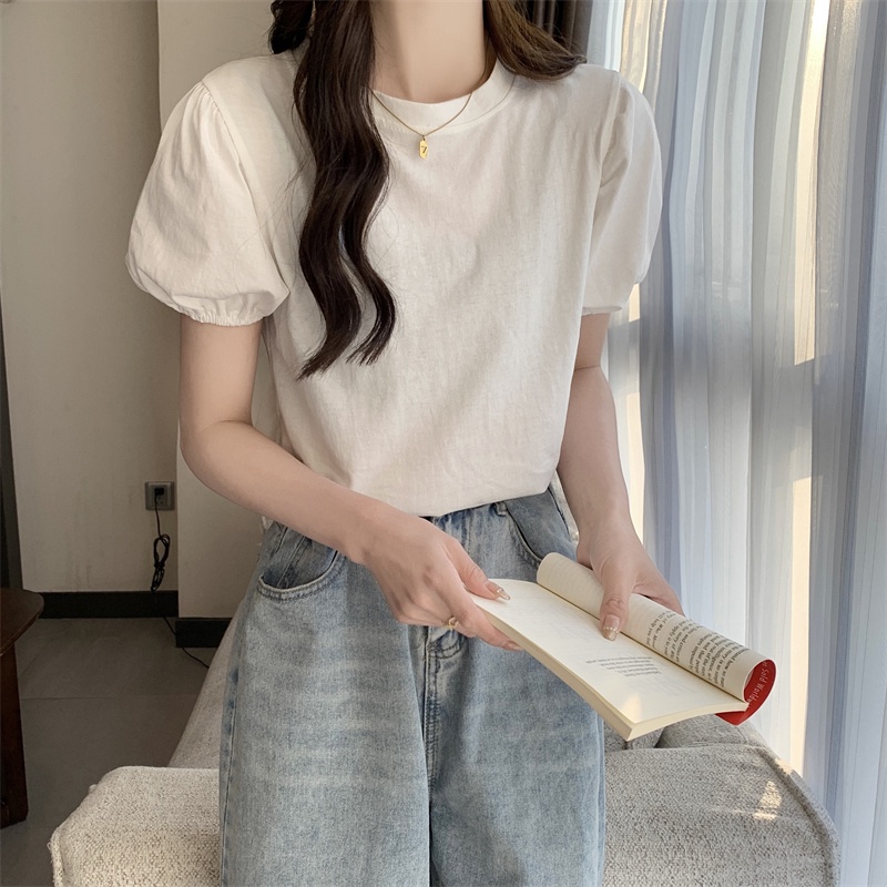 SUXI Áo Thun Tay Ngắn Phồng Màu Sắc Đơn Giản Thời Trang Mùa Hè