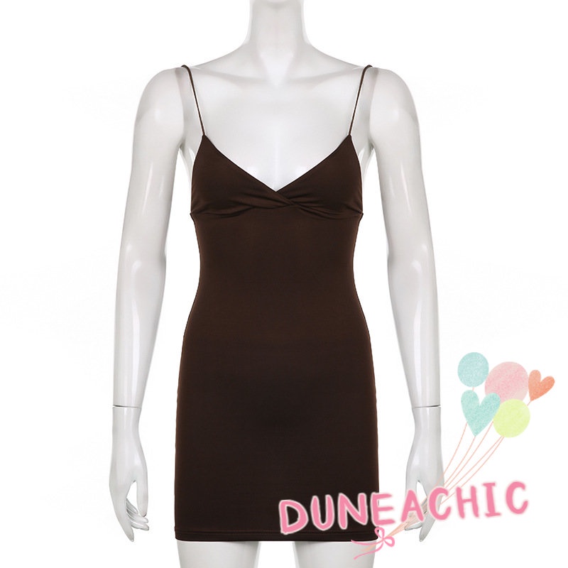 Đầm hai dây DUNEA cổ chữ V màu trơn hở lưng gợi cảm cho nữ