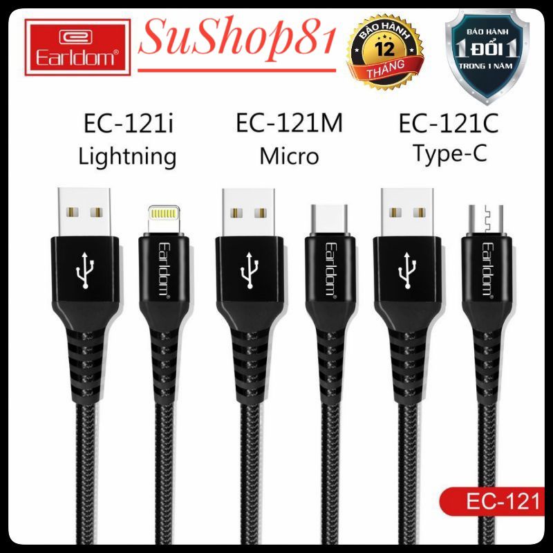Dây cáp sạc nhanh bọc dù dài 1m EARLDOM EC-121chính hãng,hỗ trợ đầy đủ cổng sạc lighning,type-c, micro