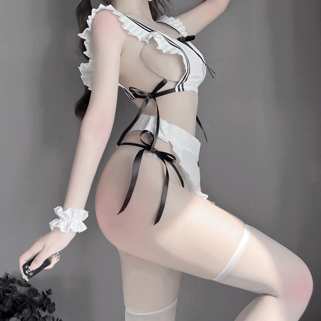 Đồ ngủ sexy đồ ngủ nữ cosplay cô người hầu sexy ren lưới hoa văn màu trắng freesize QUENQUEN store a5 | BigBuy360 - bigbuy360.vn