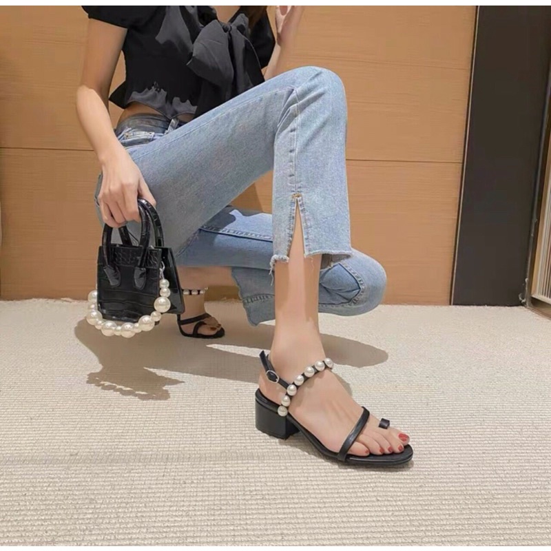 Sandal cao gót nữ 5 phân quai mảnh gót vuông mũi tròn thời trang hàn quốc đẹp cao cấp