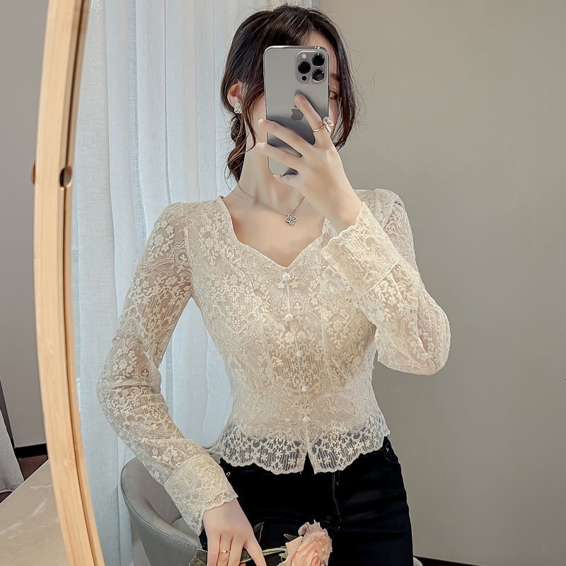 Áo Sơ Mi Tay Dài Cổ Chữ V Phối Ren Phong Cách Hàn Quốc Ngọt Ngào