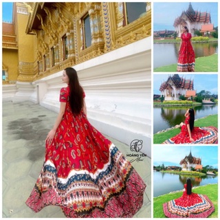 Hoangyen - đầm maxi tay con xẻ tà hoạ tiết boho đỏ