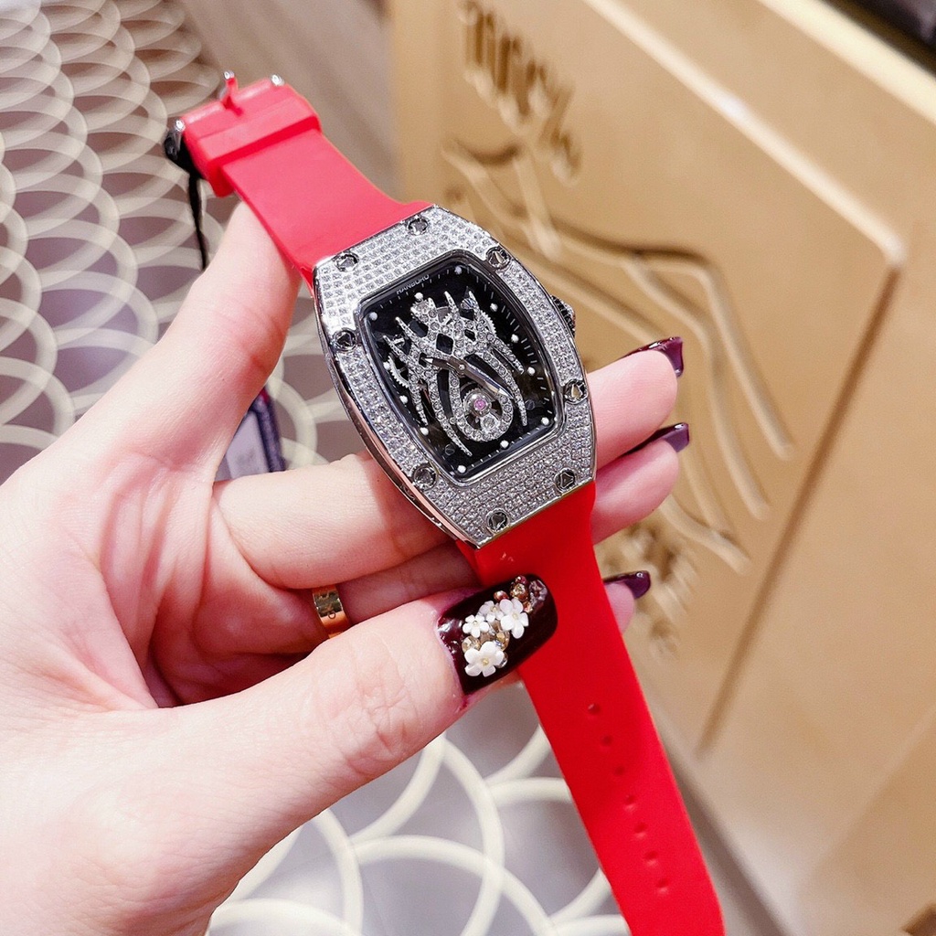 Đồng Hồ Nam Nữ Hanboro Nam Máy Automatic, Nữ Máy Pin , Dây Cao Su Màu Đỏ , Size 36mm/48mm