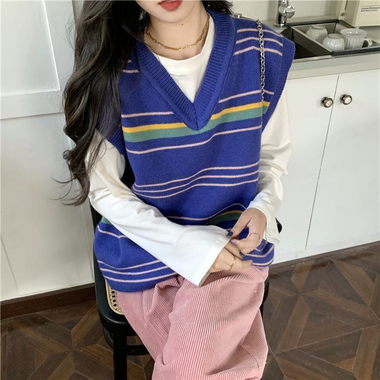 Áo dệt kim không tay dáng rộng hoa văn kẻ sọc phong cách retro Hàn Quốc cho nữ