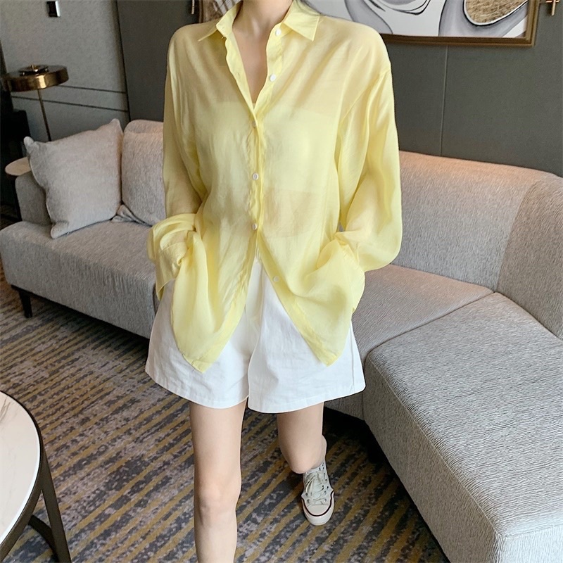 Áo sơ mi trắng oversize voan mỏng tay dài hở xẻ lưng dây cột trơn - Order taobao quảng châu