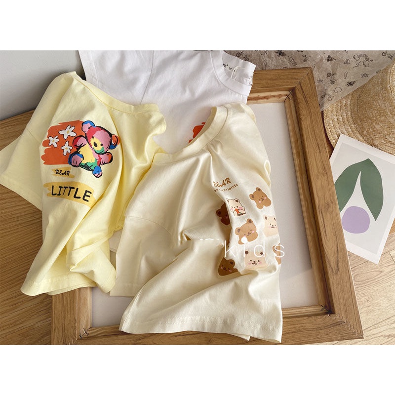 Áo Thun Cotton Tay Ngắn Dáng Rộng In Họa Tiết Gấu Hoạt Hình Dễ Thương Phong Cách Nhật Hàn Thời Trang Mùa Hè Cho Bé Gái 22