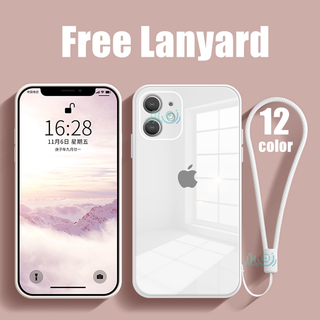 【Free Lanyard】Macaron Casing iPhone 11 12 Pro MAX XS MAX XR X 6 6S 7+ 8 Plus SE 2020 Tempered Glass Case Square Silicone back cover