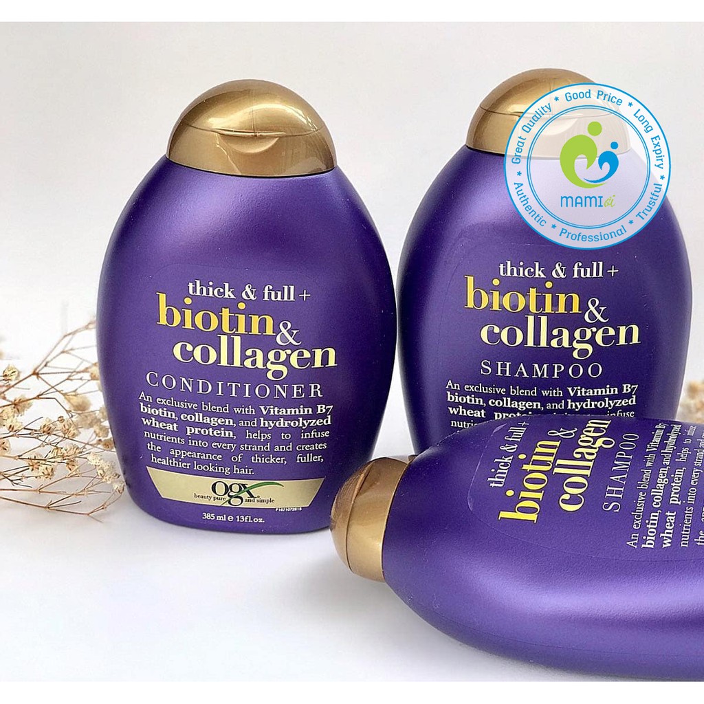 Cặp dầu gội và xả (385ml) nuôi dưỡng phục hồi tóc hư tổn làm tóc bóng mượt hơn Thick & Full + Biotin Collagen OGX, USA