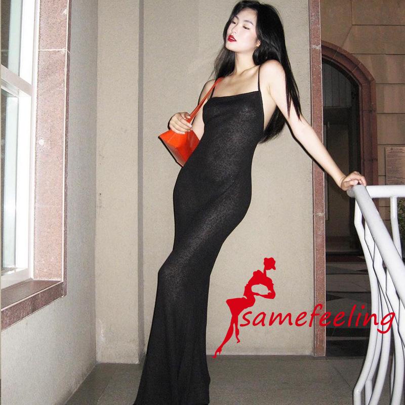 Váy dây đeo màu đen Váy dài nữ với lưới thanh lịch và thời trang Sf