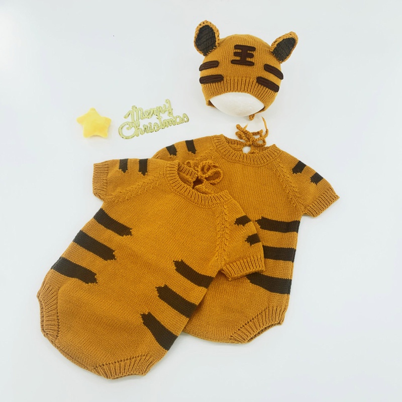 Bộ 2 Món Áo Liền Quần Đan Len Kèm Nón Đội Dễ Thương Làm Phụ Kiện Chụp Ảnh Cho Bé Sơ Sinh