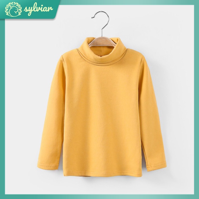 Áo Thun Cotton Tay Dài Cổ Cao Màu Trơn Dễ Thương Dành Cho Bé Gái