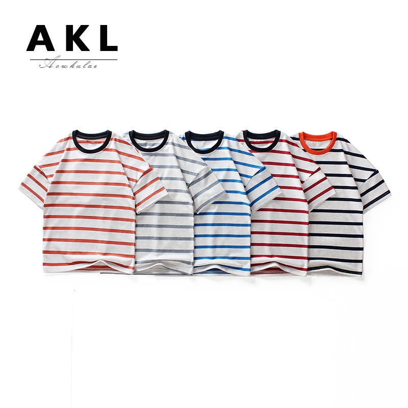 Áo thun SOFFNY cotton tay ngắn họa tiết kẻ sọc in hình hoạt hình thời trang mùa hè cho bé trai 4-16 tuổi