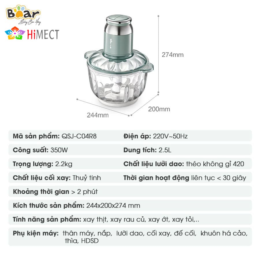 Máy Xay Thit Thưc Phẩm Đa Năng Tiện Dụng Bear QSJ-C04R8S cối thủy tinh 2.5L công suất 350W HiMect