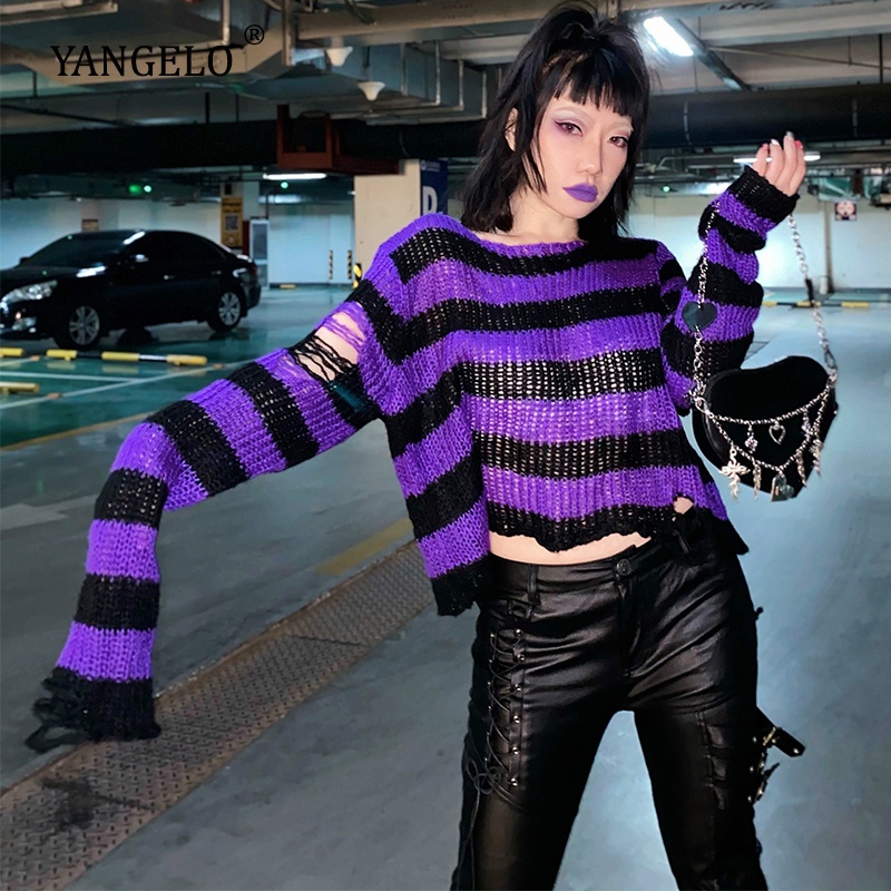Áo sweater dệt kim cổ tròn tay dài họa tiết kẻ sọc phong cách Gothic punk Harajuku cho nữ