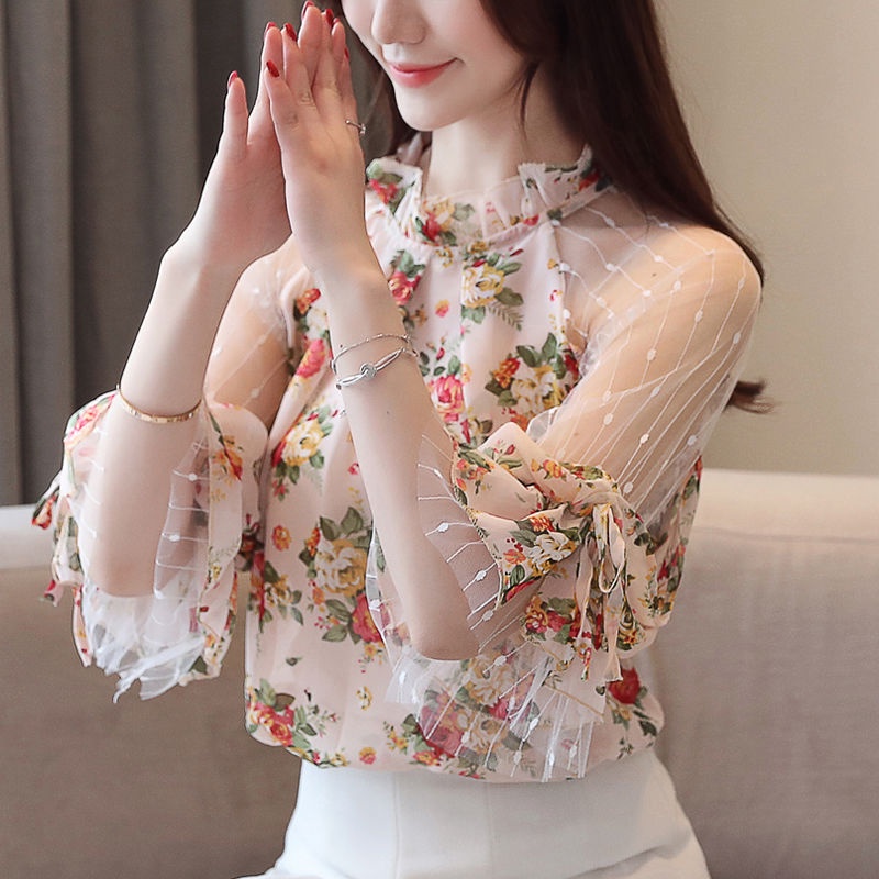 Áo Voan Hoa Trễ Vai Tay Phồng Phối Ren Thời Trang Cho Nữ
