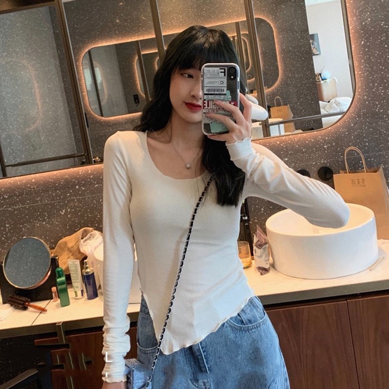 Áo thun tay dài cổ thuyền xẻ tà thiết kế độc đáo gợi cảm cho nữ