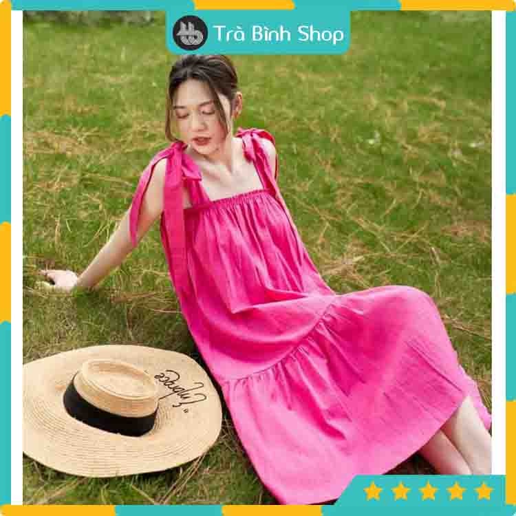 Đầm 2 dây bản to thắt nơ vai chun ngực Váy đuôi cá chất đũi loại 1